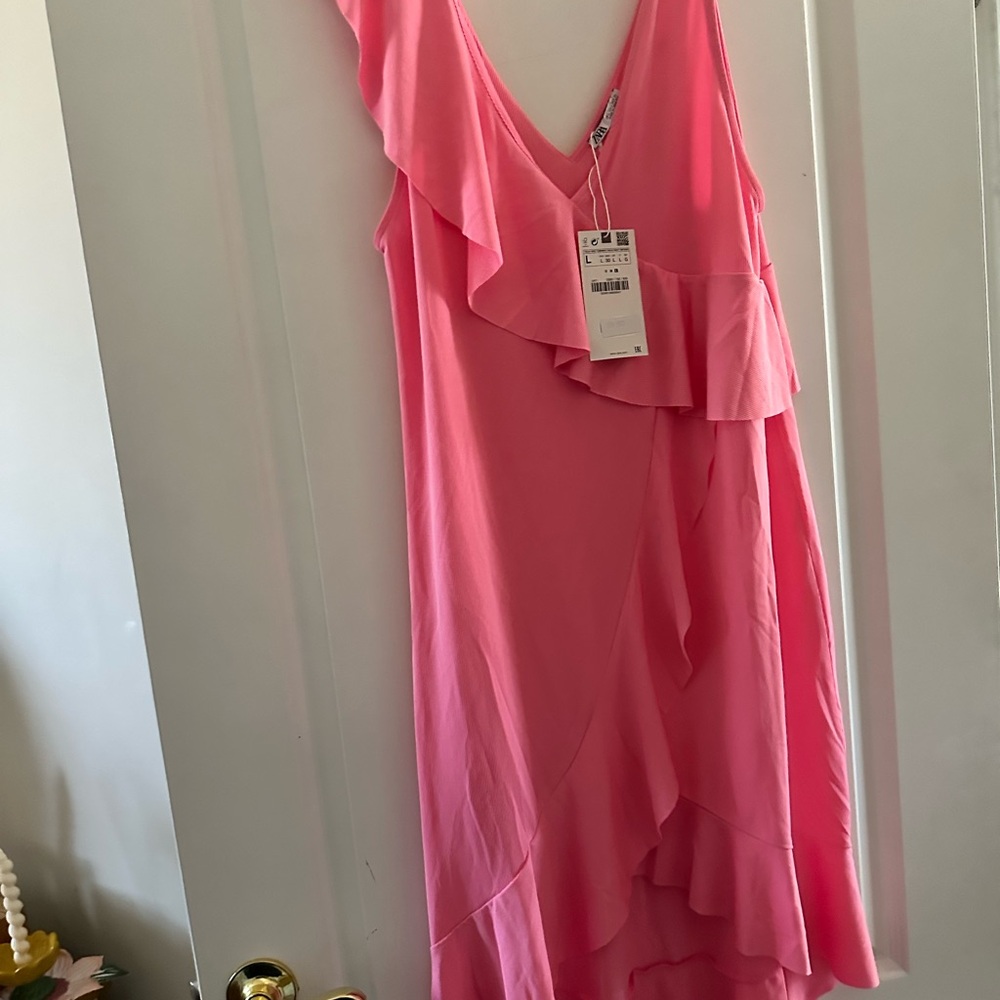 Zara nwt Elegant Pink Ruffle Dress - Picture 7 of 8